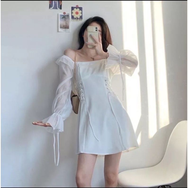 Đầm cổ vuông dài tay đan eo 2 màu