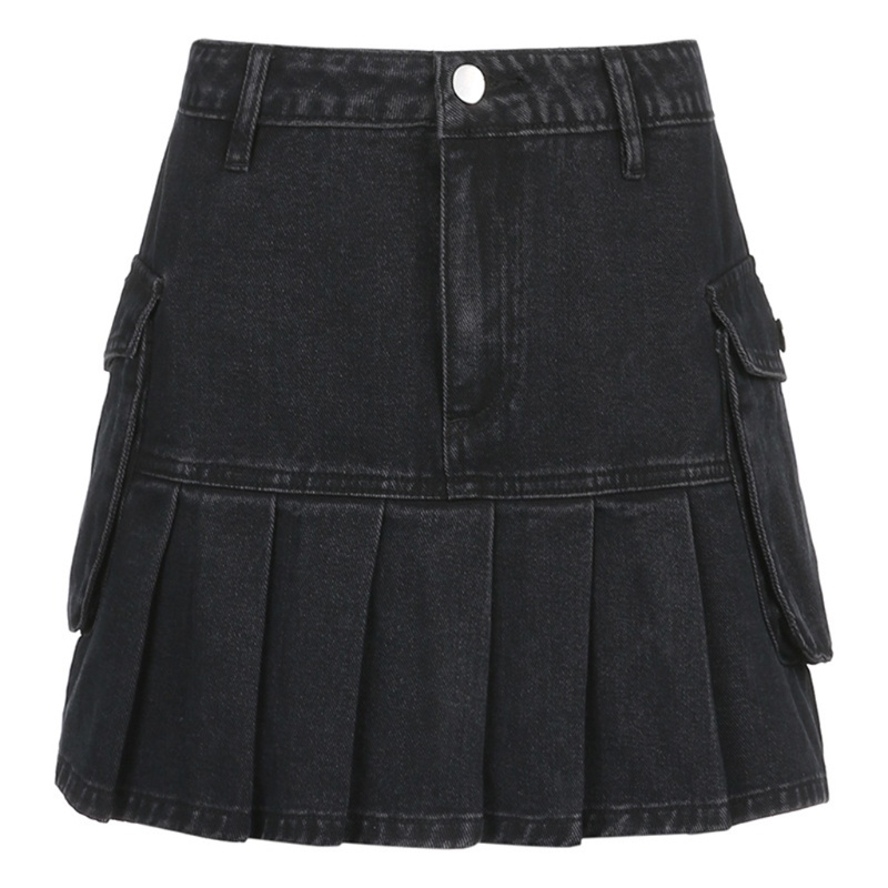 Chân Váy Jean Ngắn Lưng Cao Xếp Ly Phong Cách Vintage Thời Trang Cho Nữ Pu