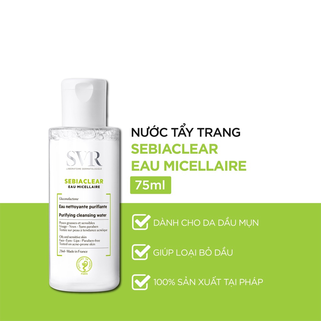 SVR SEBIACLEAR Eau Micellaire - Nước tẩy trang, làm sạch, loại bỏ dầu, kiềm nhờn, giảm mụn cho da (Nhập khẩu Pháp)