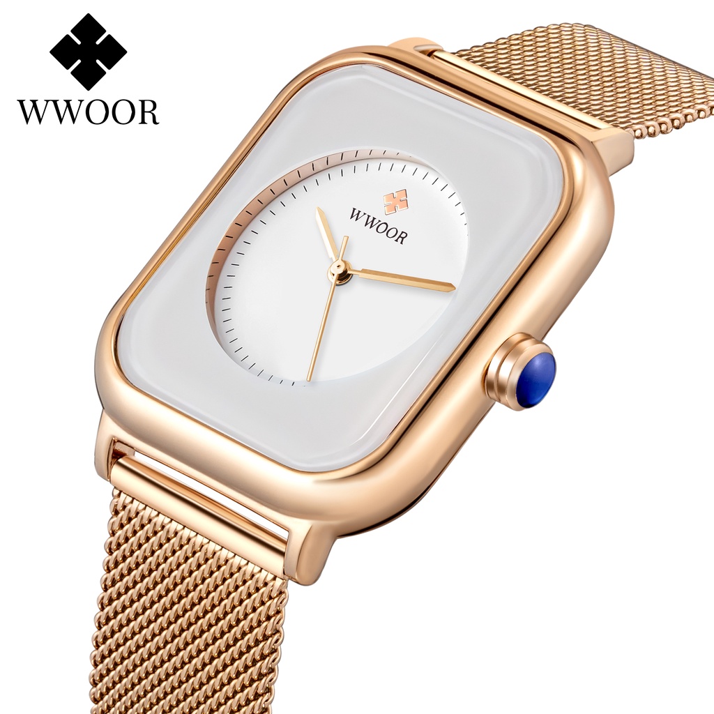 Đồng hồ đeo tay Wwoor Relogio Feminino-8873w mặt vuông dây lưới chống nước thiết kế đơn giản sang trọng cho nữ