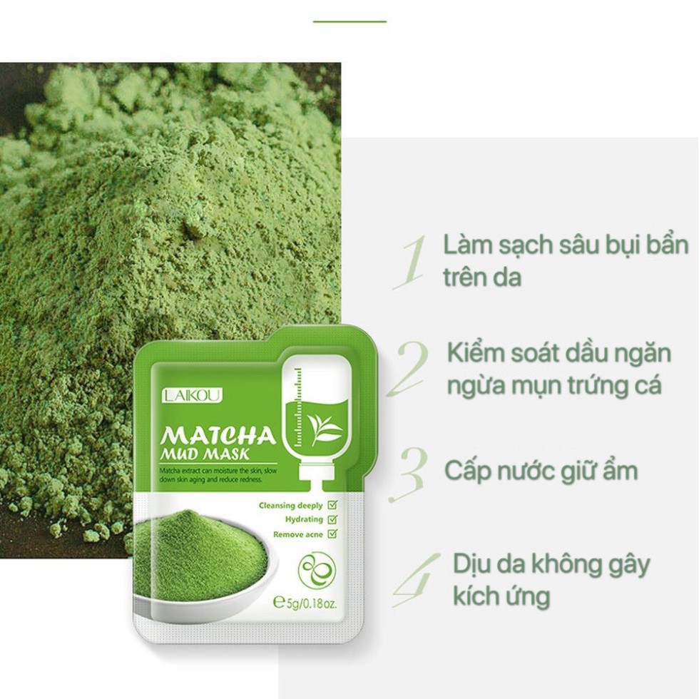 Mặt nạ bùn LAIKOU trà Long Tỉnh kiềm dầu sạch da cấp nước Matcha Mud Mask gói nhỏ tiện lợi du lịch LAIK27