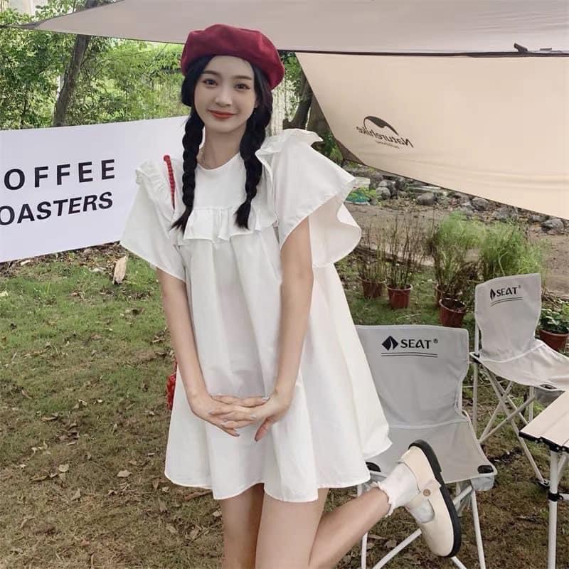 Váy babydoll cánh tiên phong cách ulzzang màu trắng/xanh rêu-Đầm nữ viền bèo tiểu thư dáng xòe hàn quốc, TONGKHOQUANAONU