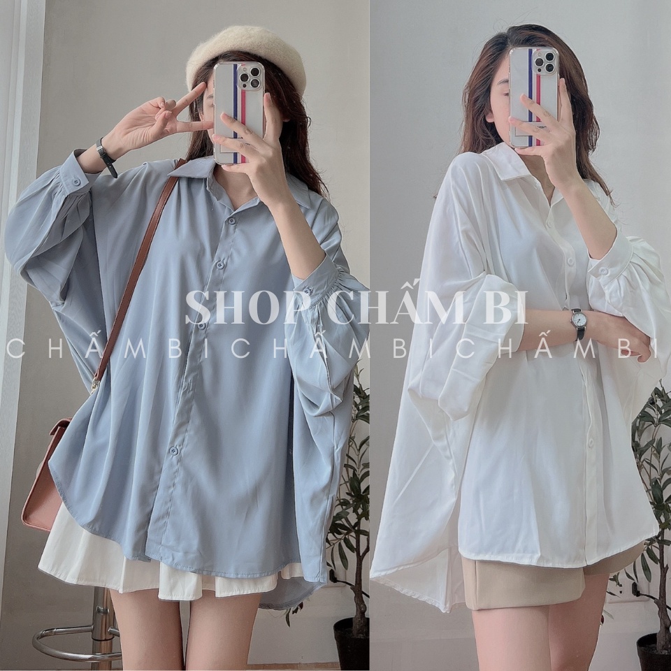 Áo sơ mi form rộng , Áo kiểu nữ lụa mềm cổ đức tay bồng dơi dáng dài kiểu dáng đơn giản phong cách Hàn Quốc MAY_1989
