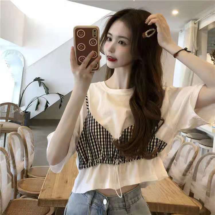 Áo thun giả hai lớp tay ngắn dáng rộng màu đen/ màu trắng thời trang dành cho nữ