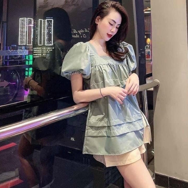 Sét bộ cổ vuông sooc ống xòe xanh tươi tắn cá tính