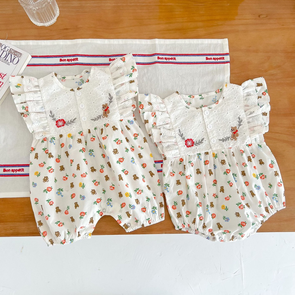 Bộ Áo Liền Quần Tay Cánh Tiên Chất Liệu Cotton In Hình Gấu Và Hoa Thời Trang Mùa Hè Phong Cách Phương Tây Cho Bé Gái 2022