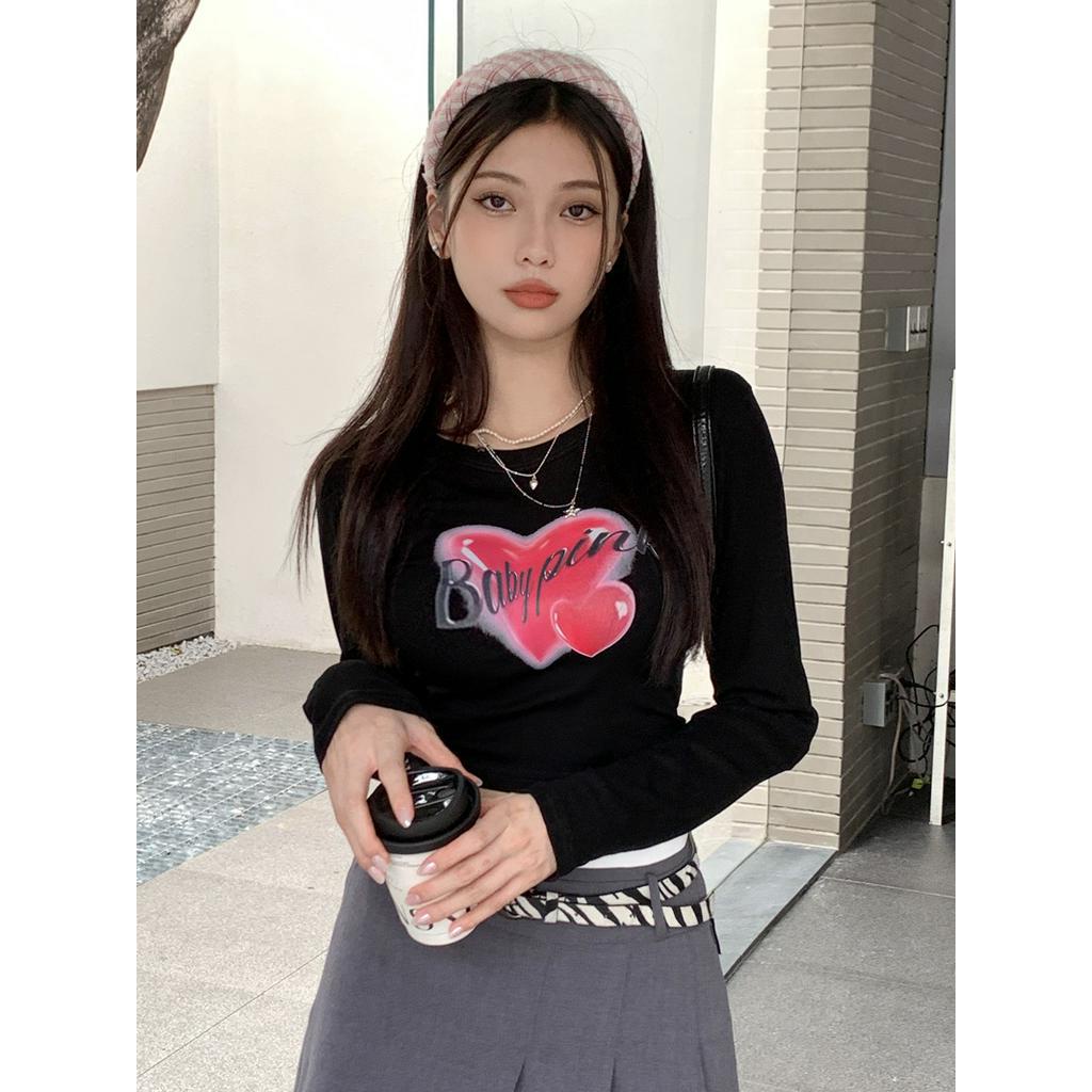 Áo Thun Lửng Tay Dài In Hình Trái Tim 60724