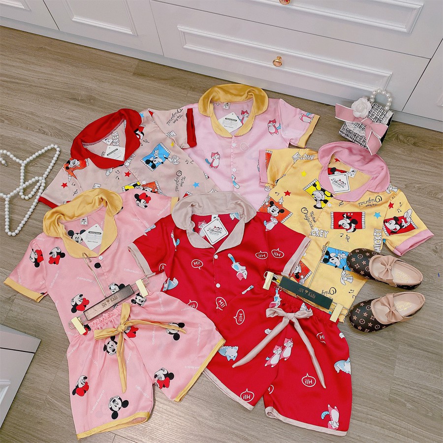 [20KG-42KG] Bộ Mặc Nhà Pijama Lụa Phối Nơ Cao Cấp Tay Cộc Cho Bé Gái - Chất Liệu Lụa mềm Mịn Thoáng Mát