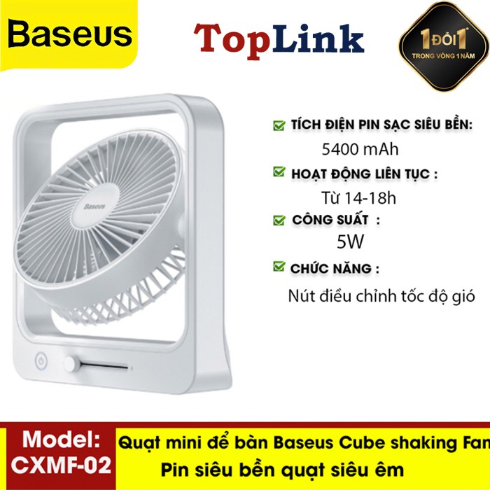 Quạt Mini Để Bàn BASEUS Cube Shaking Fan CXMF02 Tự Động Quay Tích Điện Pin Sạc Siêu Bền 5400mah Hoạt Động Liên Tục 18h