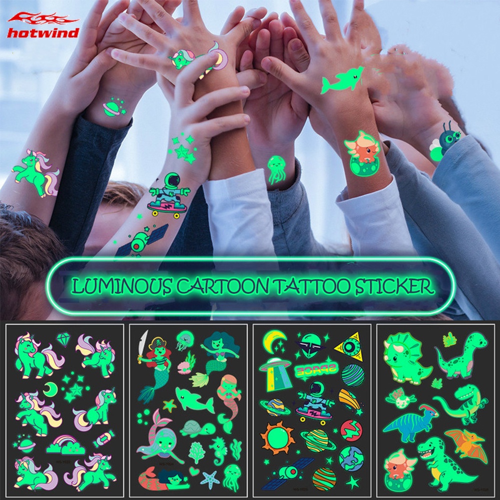 Hw Hình Xăm Tạm Thời Dạ Quang Chống Nước 110x75mm Họa Tiết Hoạt Hình Cho Trẻ Em