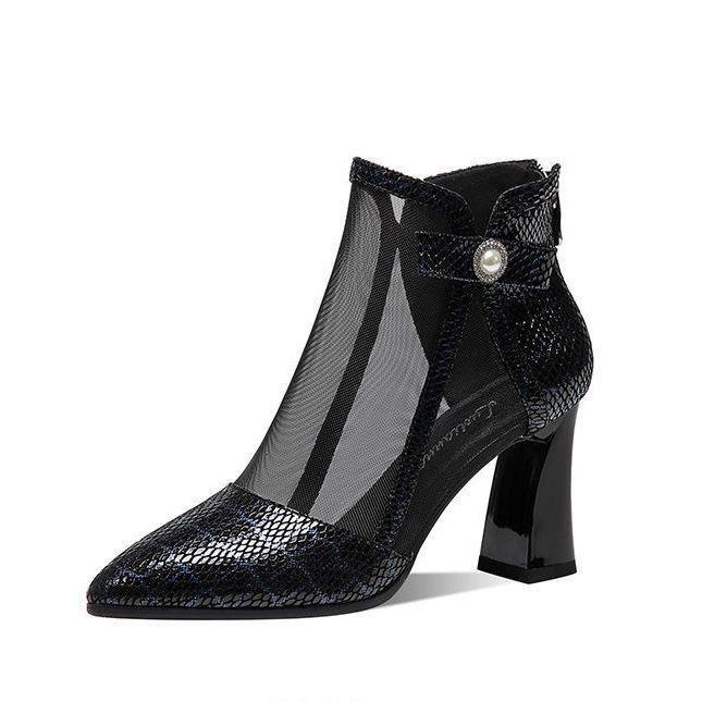 Giày Bốt Cao Gót Mũi Nhọn Bằng Da Mềm Phối Lưới Thời Trang Xuân Hè 2022