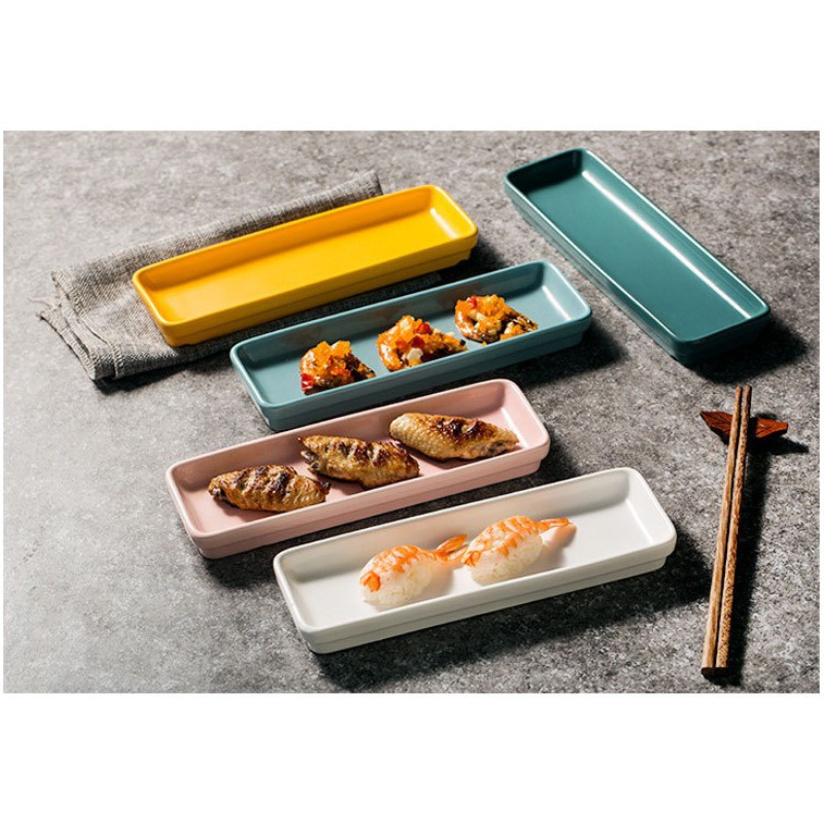 Đĩa chữ nhật dài trang trí bàn ăn bày sushi kim bắp phong cách Nhật Hàn màu sắc
