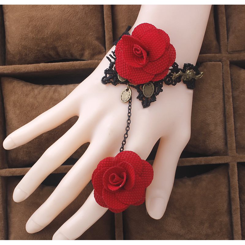 Vòng tay choker nữ chất liệu vải ren hoa hồng liền nhẫn sang chảnh