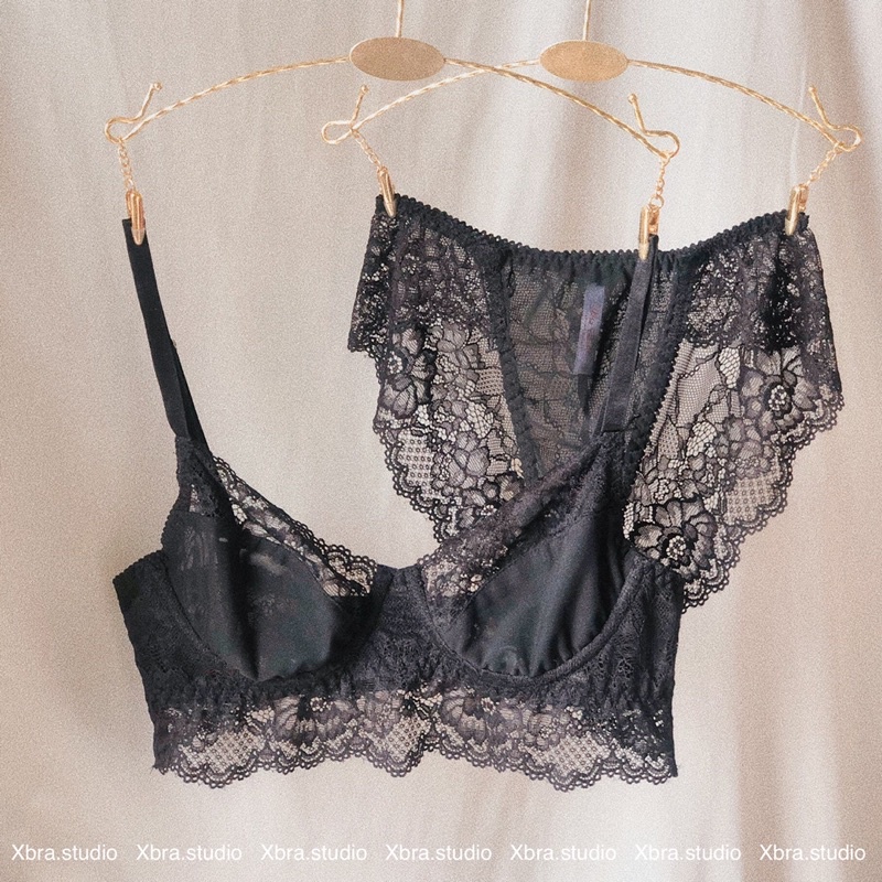 Bộ đồ lót ren phối lưới, áo lót có gọng không mút dáng dài