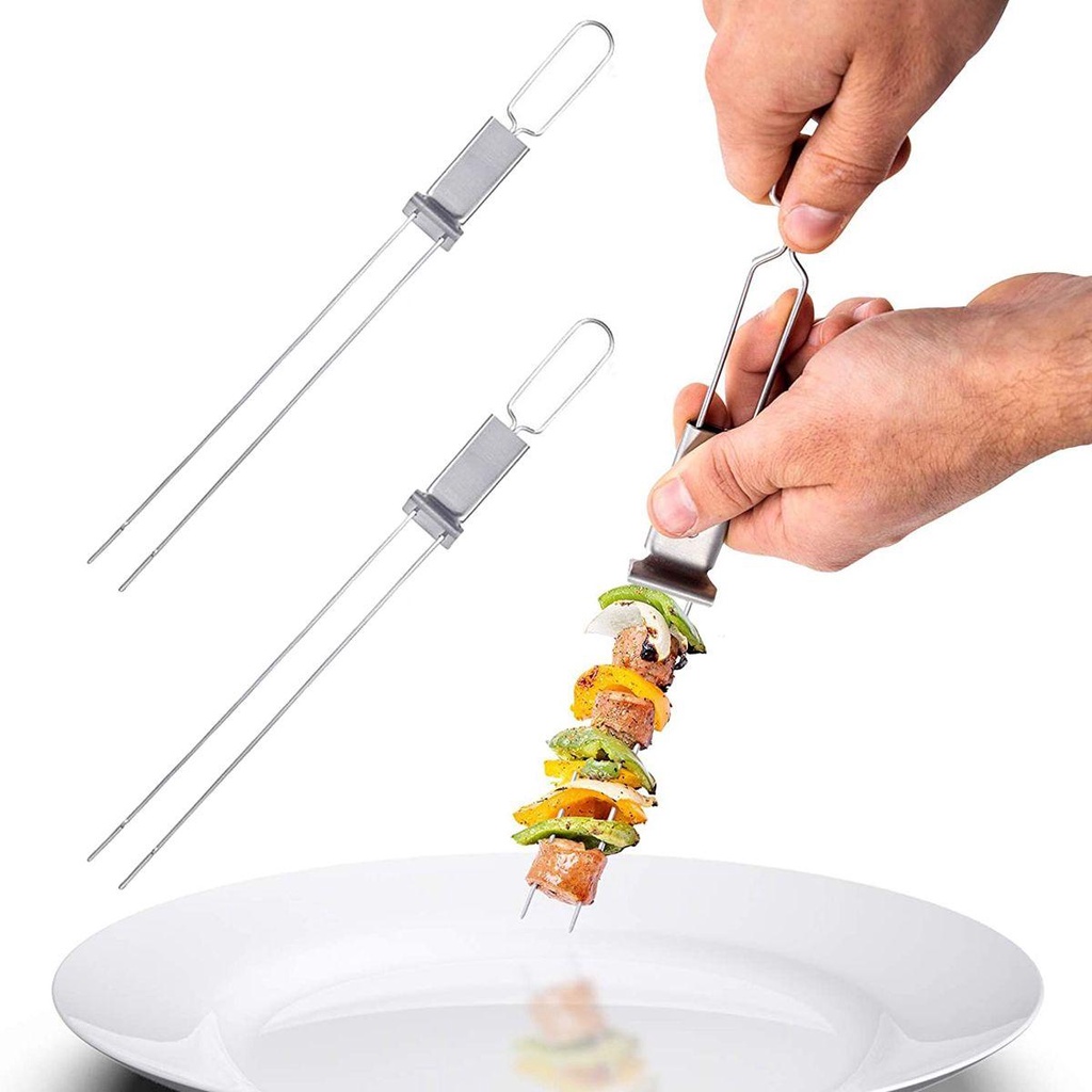 Xiên Nướng Bbq Bằng Thép Không Gỉ Kèm Thanh Trượt Chống Bỏng Tiện Dụng Cho Nhà Bếp