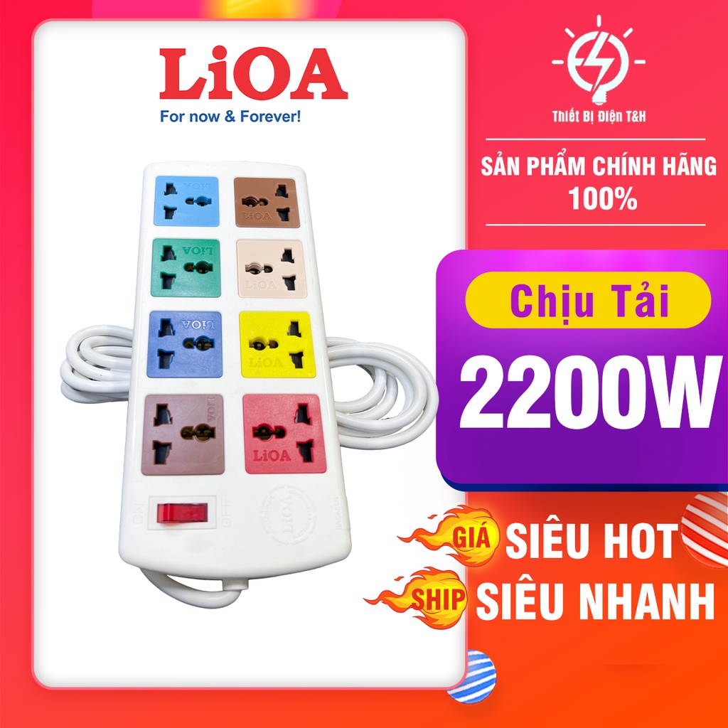 Ổ cắm điện đa năng LIOA, 2200W, 8 ổ cắm, 1 công tắc, dây dài 3M, 5M, 8D32WN - 8D52WN - Thiết Bị Điện T&amp;H