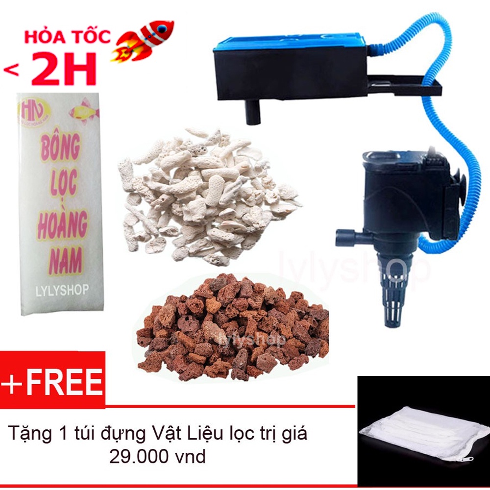 Máy lọc nước hồ cá RS 9800 2100L/H loại tốt + Bông lọc + 100gr đá nham thạch + 100gr san hô tặng 1 túi luới vật liệu lọc