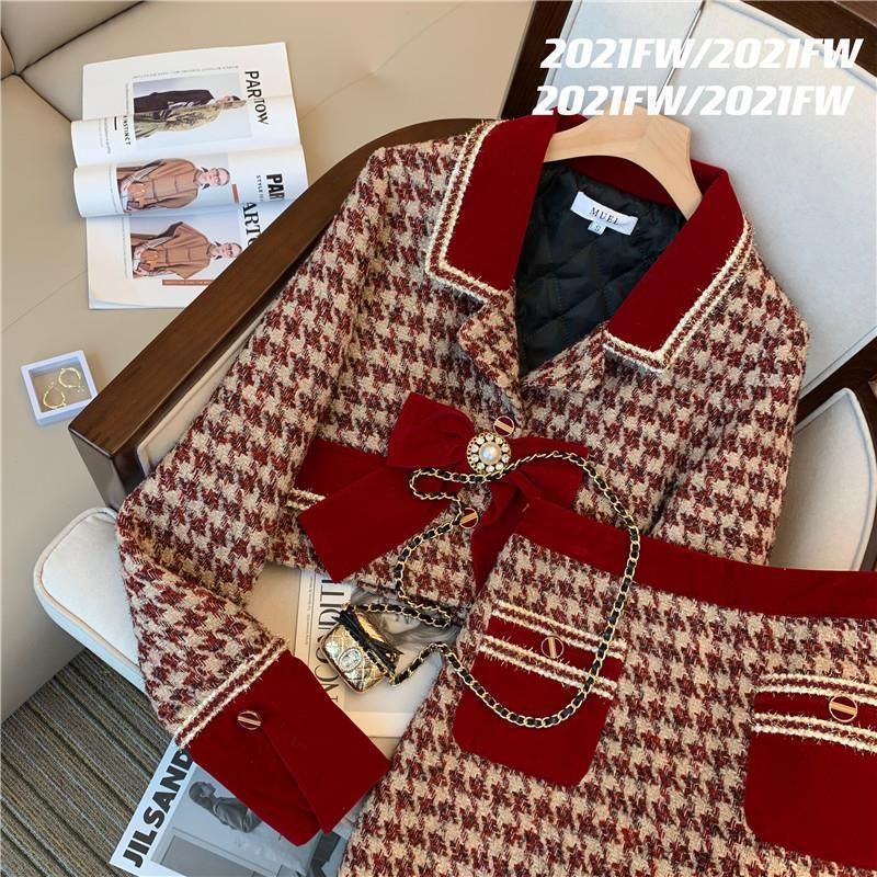 Set Dạ Tweed Kẻ Đỏ Hàng Quảng Châu Cao Cấp Dày Dặn May Sợi Kim Tuyến Lấp Lánh Kèm Nơ