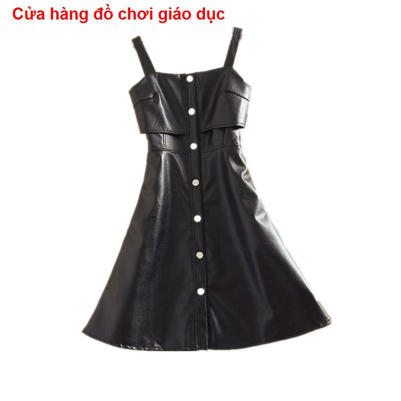 SHOP XINH Váy nữ mùa thu 2018 mới có độ dài trung bình mỏng phù hợp với dây đeo bằng da PU thắt lưng công chúa