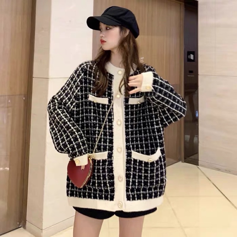 Áo khoác cardigan len dài tay kẻ sọc