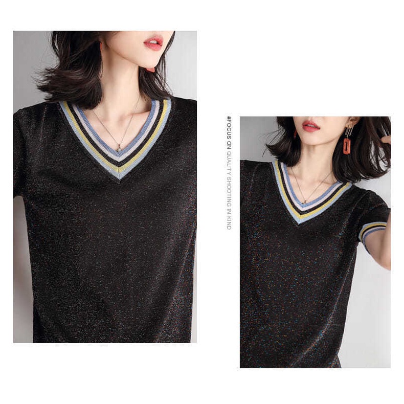 Áo Thun Lụa Dệt Kim Tay Ngắn Cổ Chữ V Thời Trang Dành Cho Nữ