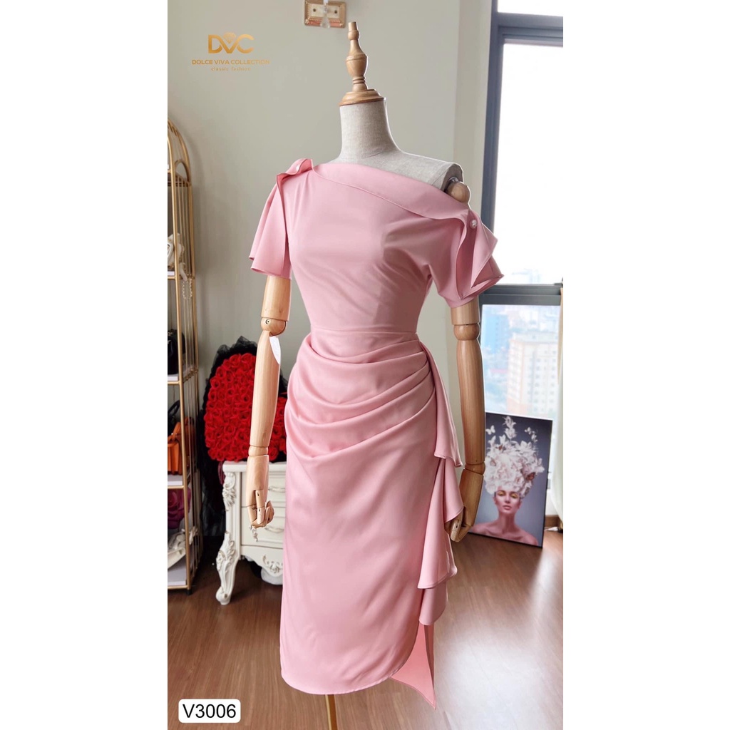 V3006 váy body trễ vai màu hồng