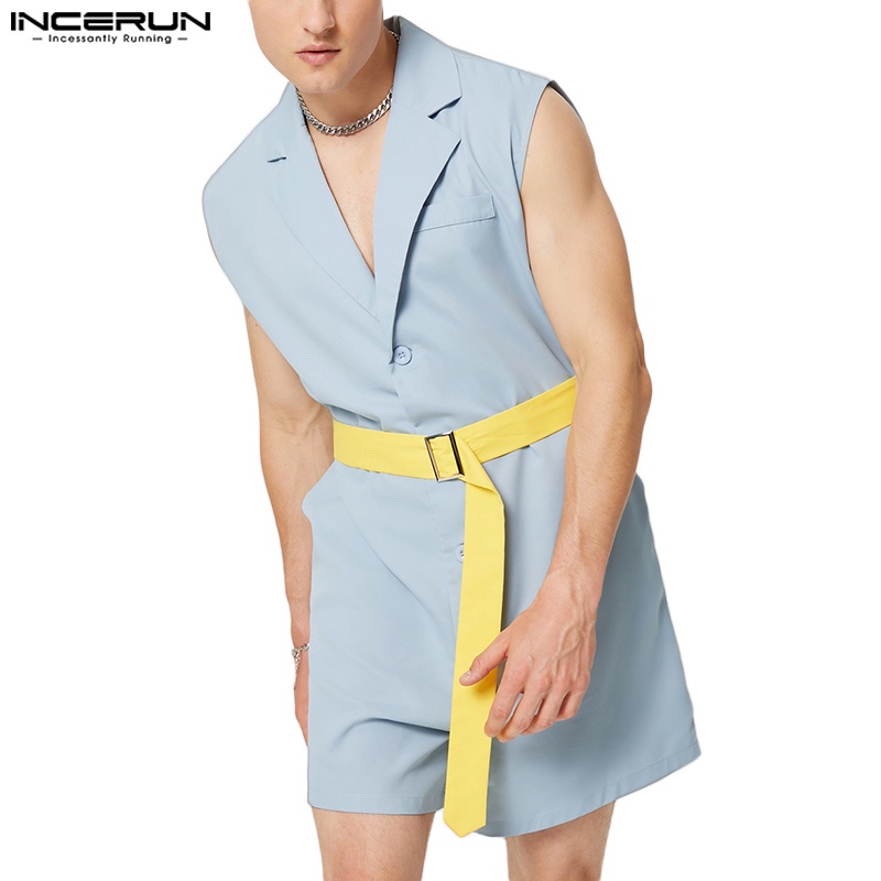 INCERUN Bộ Áo Liền Quần Cổ Bẻ Không Tay Phối Thắt Lưng Thời Trang Mùa Hè Cho Nam