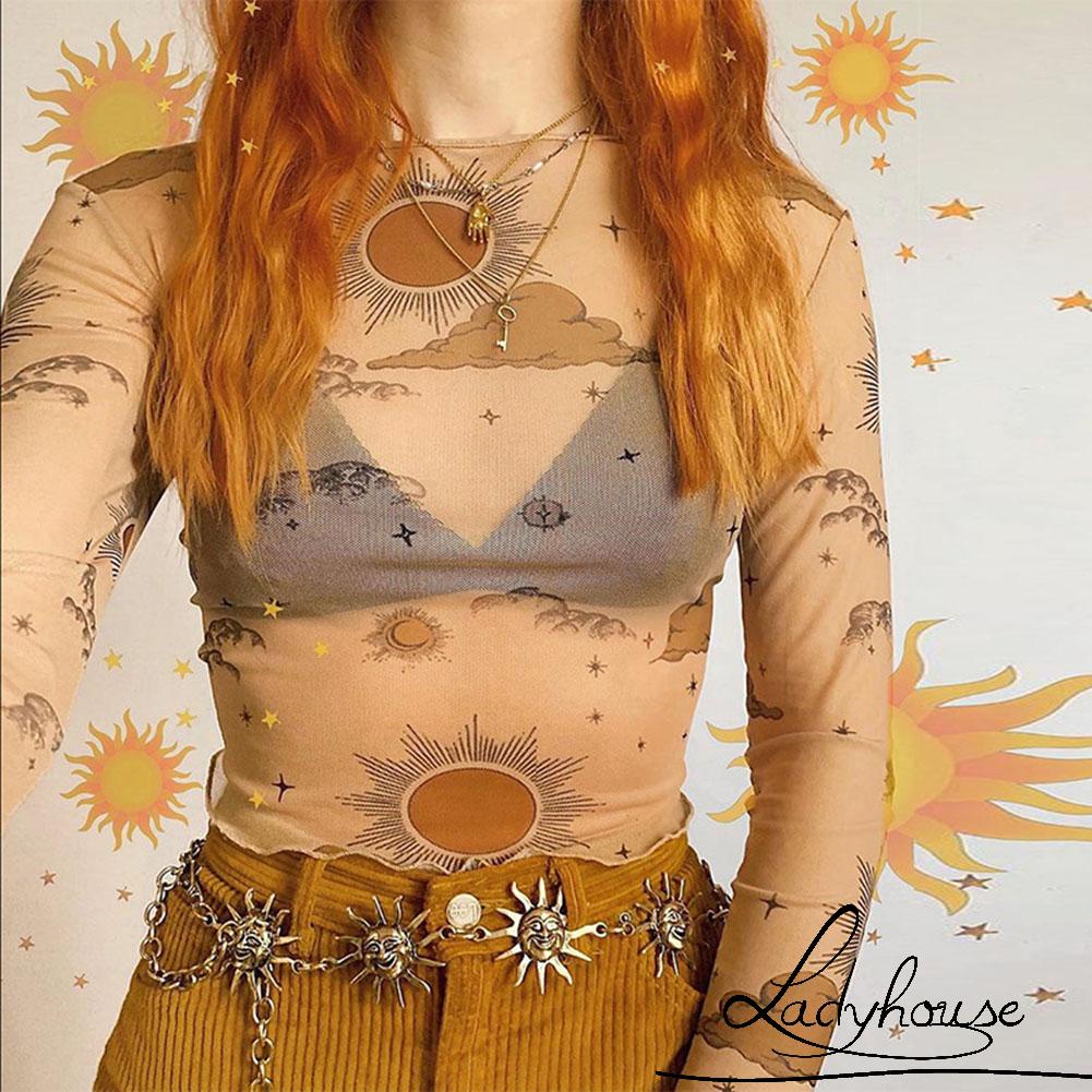 Áo Croptop Tay Dài Cổ Tròn Vải Lưới Xuyên Thấu In Họa Tiết Thời Trang Mùa Hè Cho Nữ