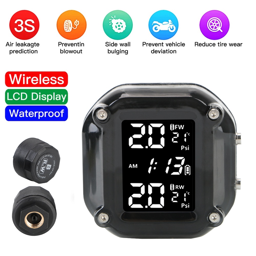 Thiết bị cảnh báo theo dõi áp suất lốp xe máy TPMS tích hợp màn hình LCD với 2 cảm biến bên ngoài không dây