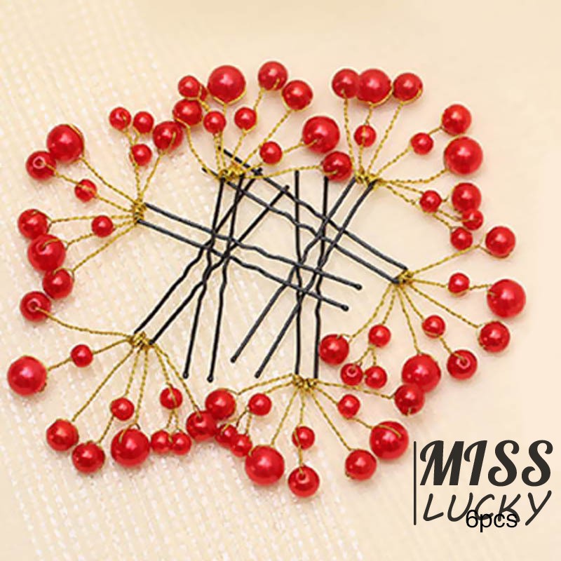 Set 6 trâm cài tóc đính hạt ngọc trai màu đỏ xinh xắn thời trang cho nữ