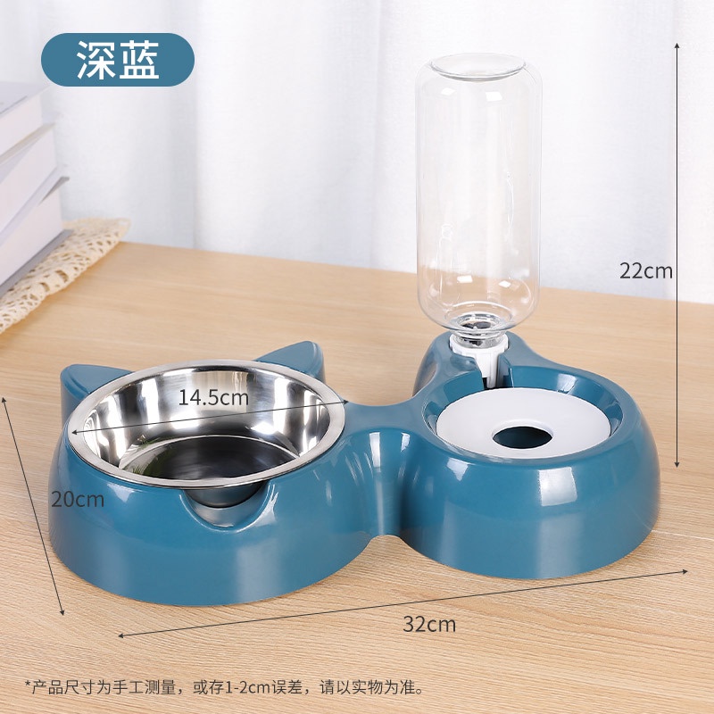Bát ăn cho chó mèo thú cưng hai ngăn đôi có bát inox khay bình nước tự động hình tai mèo