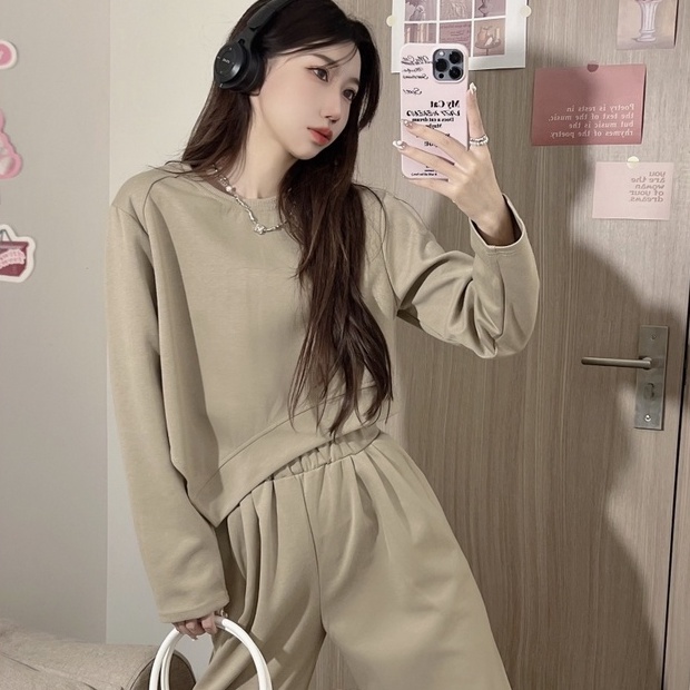 ZHELIHANGFEI Set Áo Thun Tay Dài Phối Quần Dài Lưng Cao Ống Rộng Thời Trang Cá Tính Cho Nữ