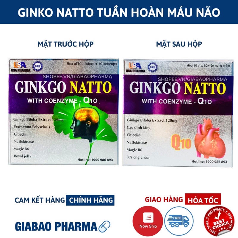 Viên uống bổ não Ginko Natto Q10 giúp tăng cường trí nhớ, hỗ trợ tuần hoàn máu não - Hộp 100 viên