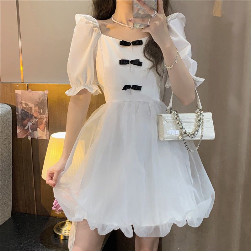 COZOK Đầm Tay Phồng Cổ Vuông Phối Ren Form Ôm Thời Trang