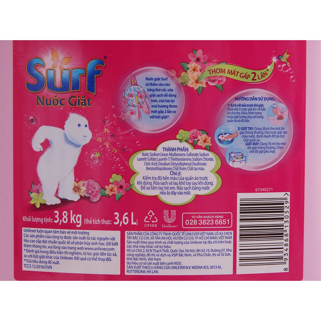 Nước Giặt Surf Hương Cỏ Hoa Diệu Kỳ Can 3,8kg (Sạch nhanh hiệu quả, hương hoa lan tỏa)