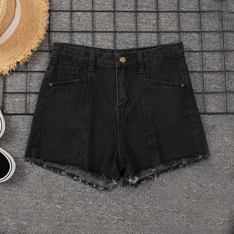 Quần ngắn vải denim lưng cao ống rộng ngoại cỡ thêu họa tiết cho nữ