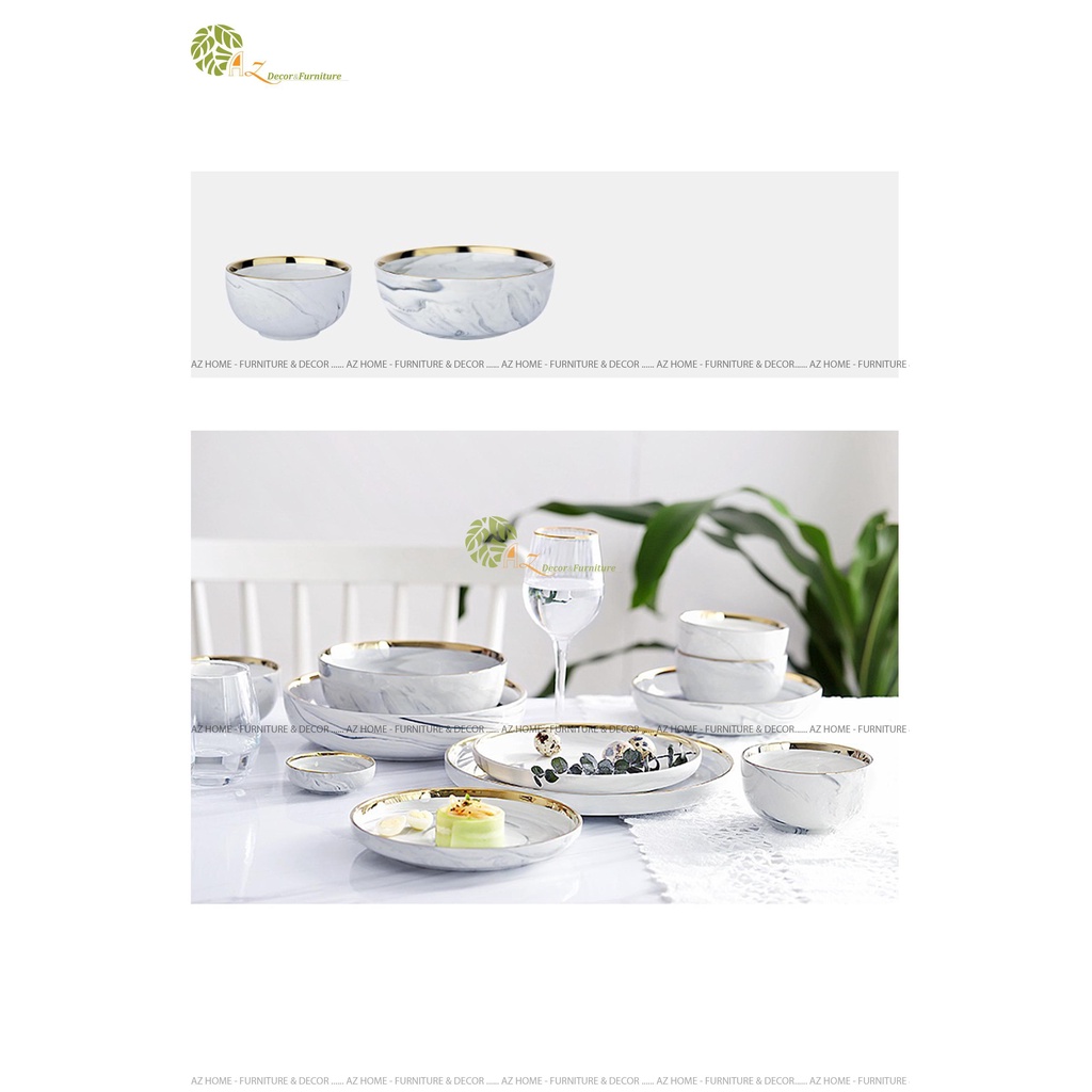 Bộ bát đĩa lẻ sứ đá gốm sứ cao cấp viền vàng phong cách bắc âu