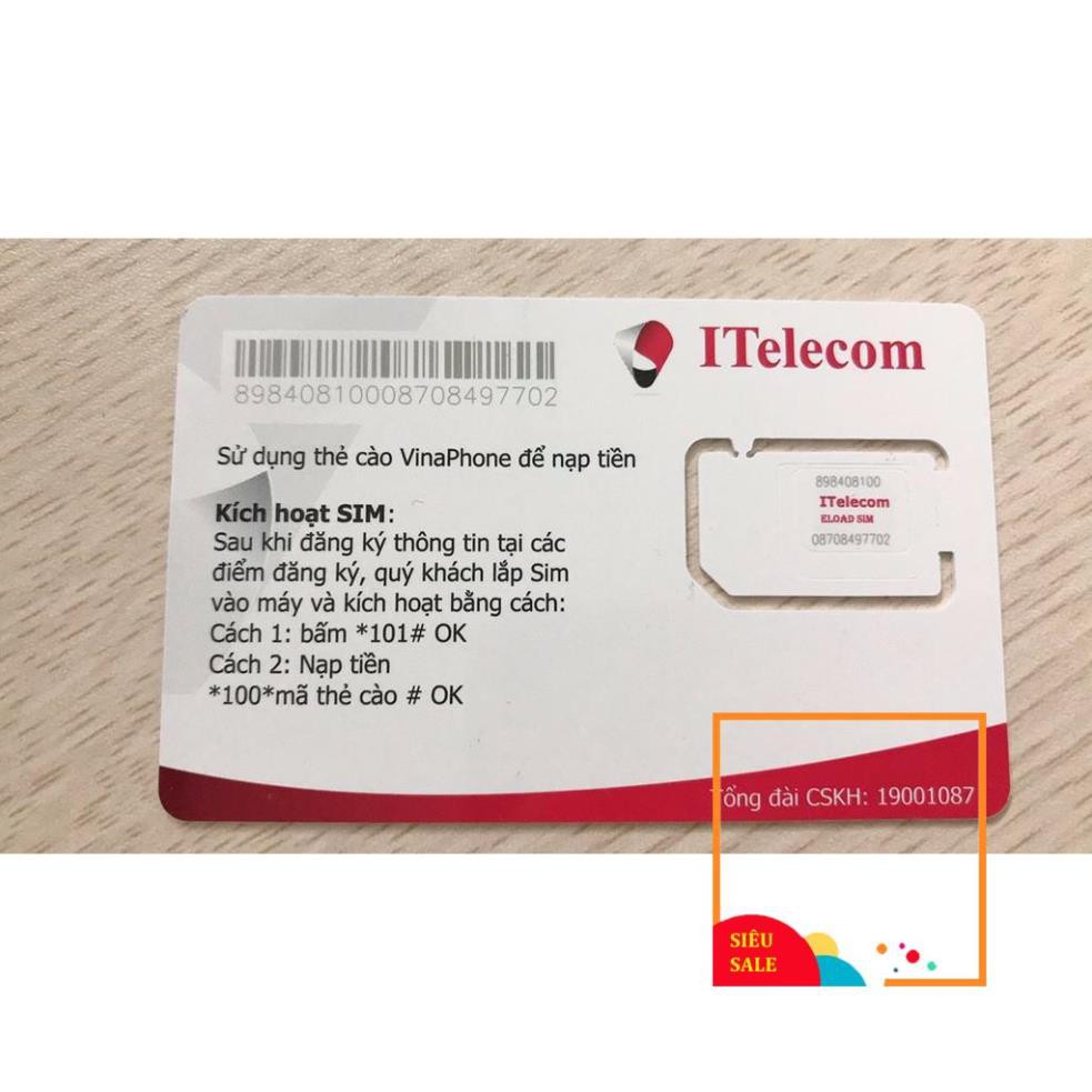 Sim 4G (Vinaphone đã nạp 77k) Itelecom MAY gói 90gb/tháng + 30phút gọi ngoại mạng (Giống sim 4G Vinaphone VD89 Plus)