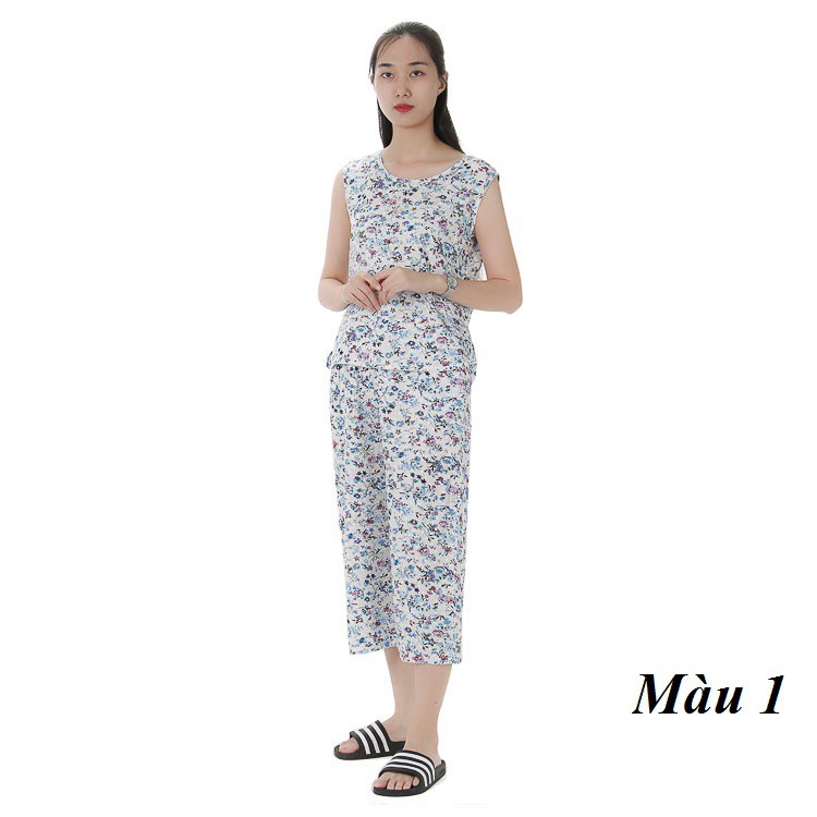 Bộ mặc nhà lanh (tole) chéo Hàn Vicci BST.086, thiết kế áo sát nách phối quần sớ trẻ, họa tiết hoa nhí