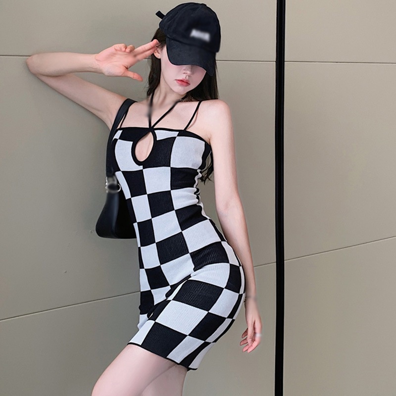 Đầm Dệt Kim Không Tay Ôm Dáng Họa Tiết Sọc Caro Phong Cách Hàn Quốc Quyến Rũ Cho Nữ