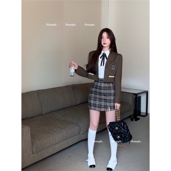 TKLIHN Set váy VEST nữ sinh HÀN QUỐC ulzzang áo khoác Blazer + chân váy kẻ caro retro 2021 | BigBuy360 - bigbuy360.vn