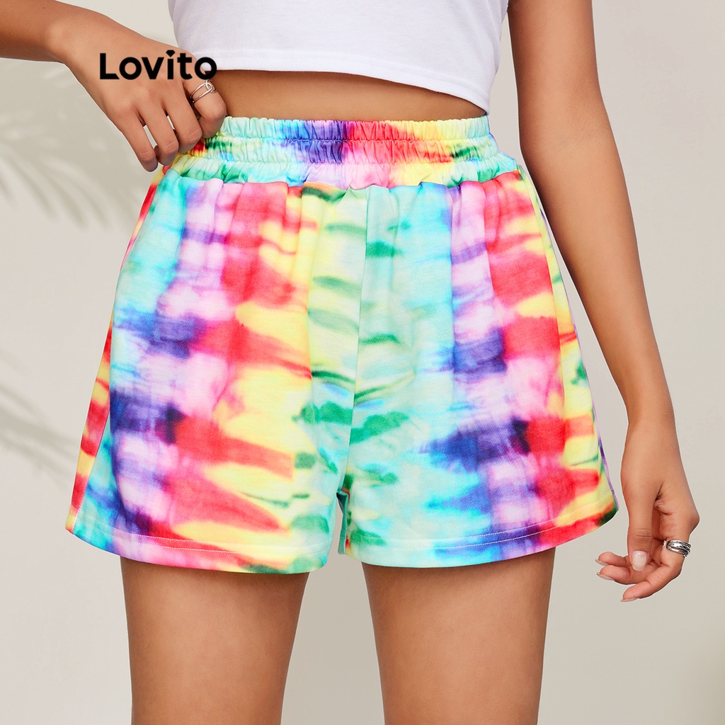 Quần short Lovito phong cách thường ngày nhuộm màu loang eo cao L27LD034 (màu xanh lam nhạt)