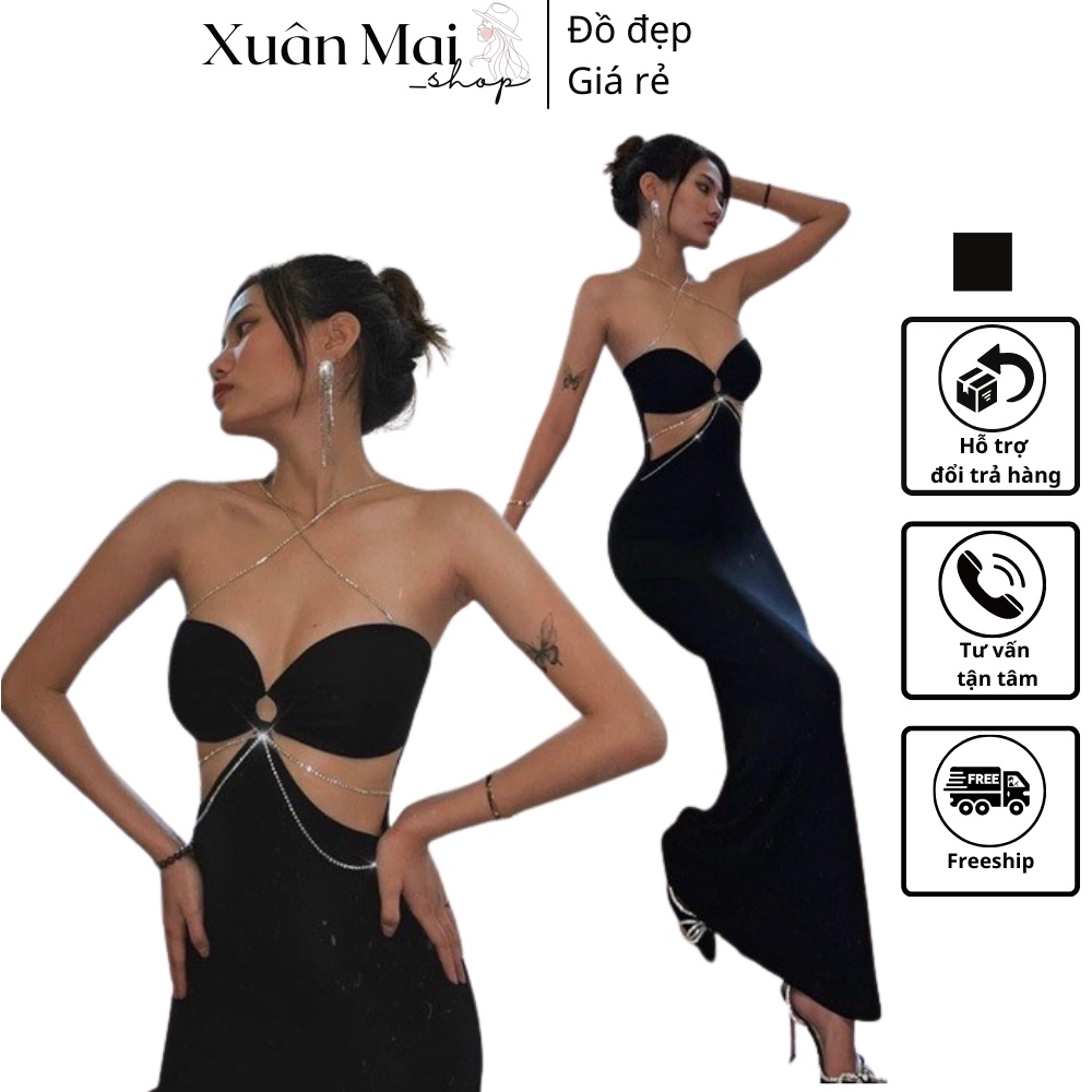 [FREESHIP] Đầm thiết kế đi tiệc form dài loe đuôi cá đính đá khoen ngực khoét eo màu đen gợi cảm