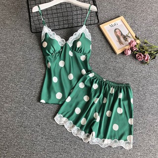 Đồ ngủ lụa sexy chấm bi 🎀FREESHIP🎀 váy ngủ lụa cao cấp hai dây (BỘ CỘC HAI DÂY LỤA)