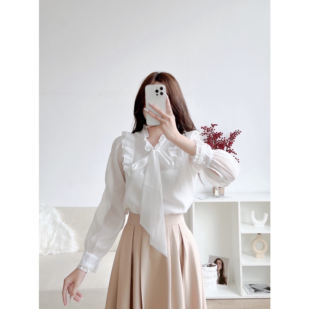 Áo sơ mi cổ nơ viền bèo ngọc bèo vai chất tơ óng mặc được 2 kiểu- áo sơ mi công sở nữ 129