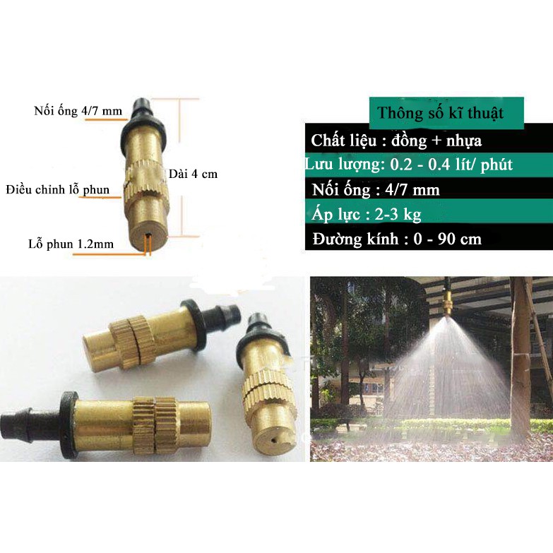 Bộ 10 béc phun sương tưới cây 1 cửa đầu đồng kèm chân cắm nối ống 4/7 mm (gồm 10 đầu béc và 10 chân cắm dạng đứng 4/7mm)