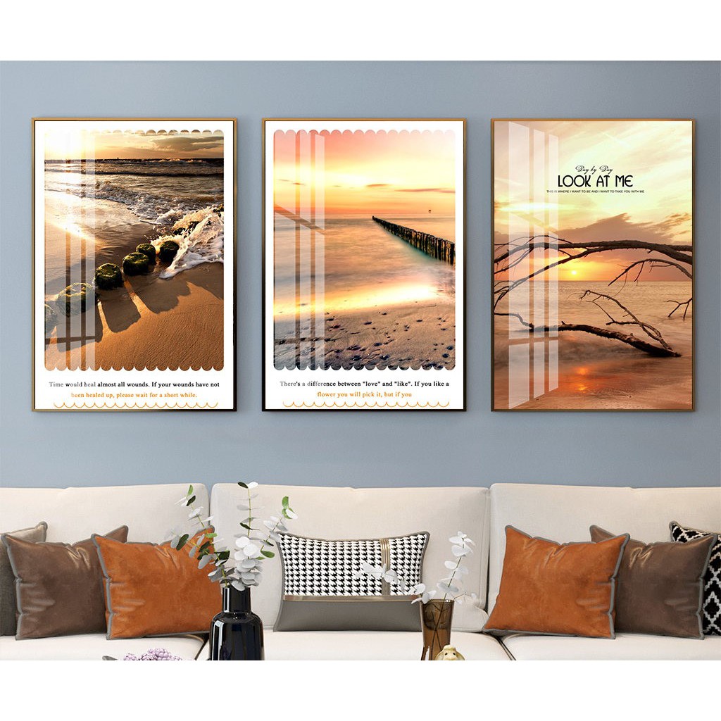 Bộ 3 Set Tranh Treo Tường Canvas Biển Hoàng Hôn Bình Minh Cây Dừa Sông Nước Thuyền Decor Resort Khách Sạn -MELYHOME