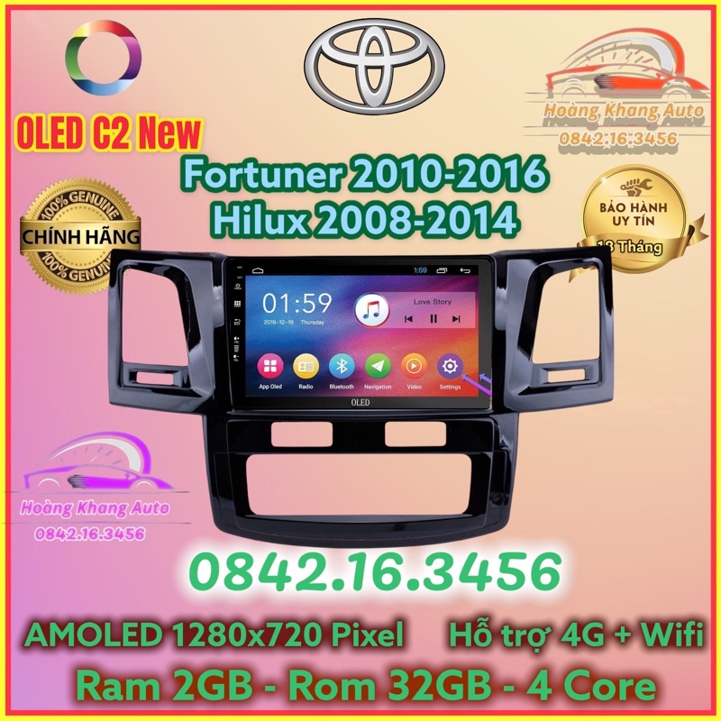 Màn hình Android OLED C2 New theo xe Fortuner 2010 - 2016 + Hilux 2008 - 2014, 9 inch điều hoà tự động kèm jack nguồn