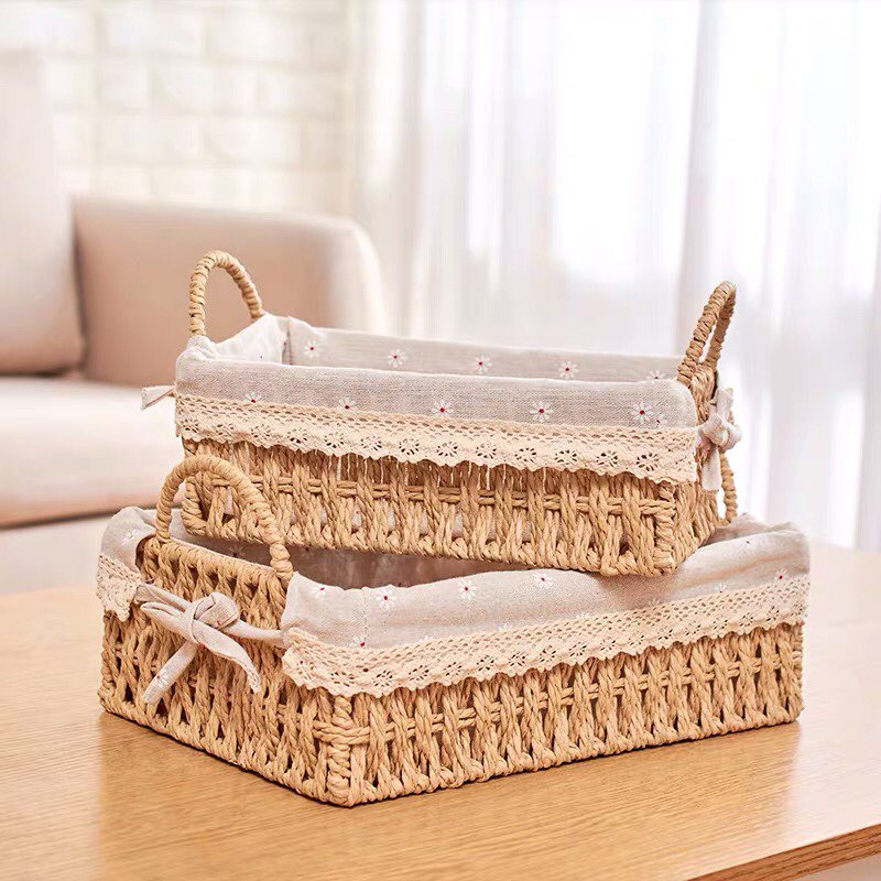 Giỏ cói lót vải chụp ảnh sản phẩm, đựng mỹ phẩm, đồ văn phòng phẩm decor xinh xắn Hình chữ nhật có quai [CÓ GIÁ SỈ]