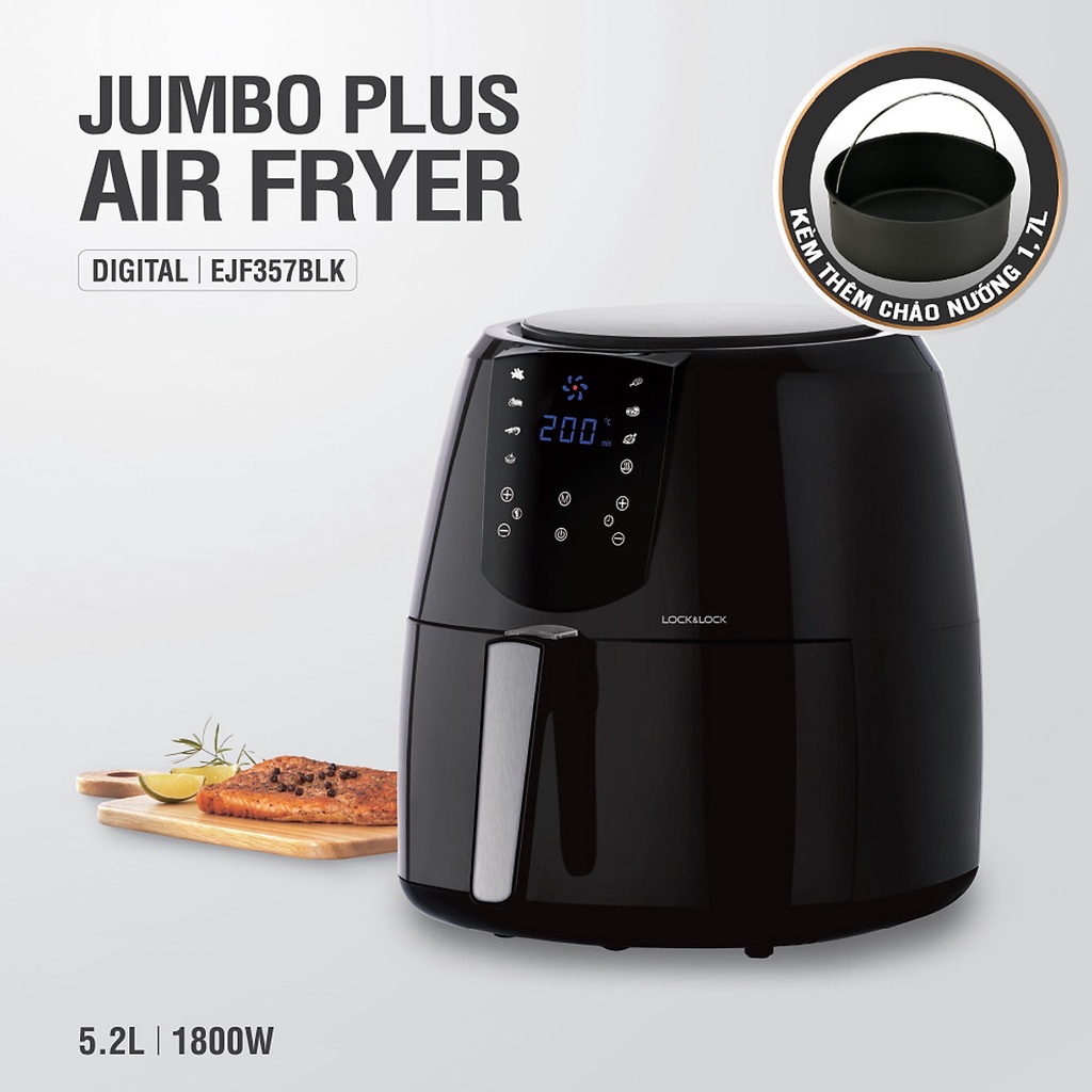 [BH 12 Tháng] Nồi Chiên Không Dầu Điện Tử Lock&amp;Lock Jumbo Plus Air Fryer EJF357BLK (5.2 Lít) Màu Đen